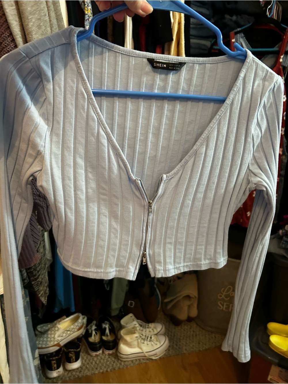 SHEIN Light Blue Ribbed Zip-Up Long Sleeve Crop Top